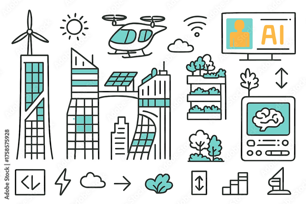 Obraz premium Futuristic Urban Doodle. Future towers. Hand-drawn doodle illustration future towers futuristic skyscraper (accented), skybridge (accented), flying drone taxi,