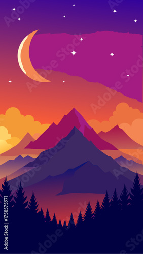 Vibrant crescent moon over layered mountains and pine forest at dusk