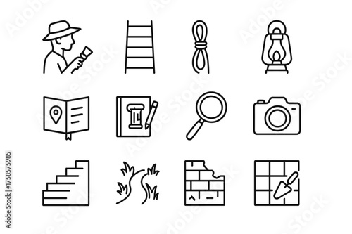 Ruins Exploration Icons. Ruins exploration. Line icon set of Ruins exploration: archaeologist with brush, climbing ladder, rope, lantern, guidebook, sketch