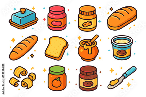 Bread and Spread Icons. Colorful isometric vector icons set of bread and spreads: butter dish, jam jar, peanut butter jar, loaf of bread, baguette, toast