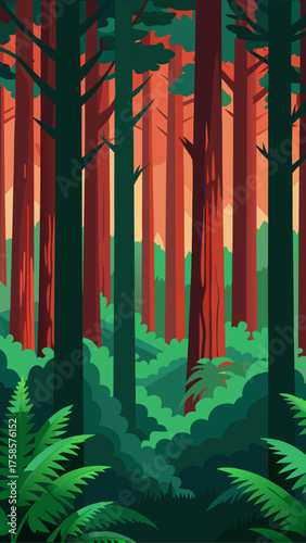 Vibrant forest landscape with tall redwoods and lush green undergrowth