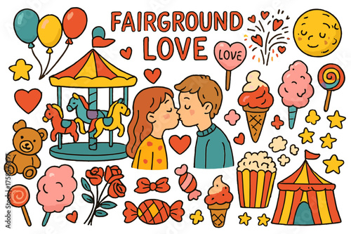 Fairground Romance Scene. Fairground Love. Colorful Hand-drawn doodle Children illustration Fairground Love carousel couple, heart fireworks, teddy bear prize,