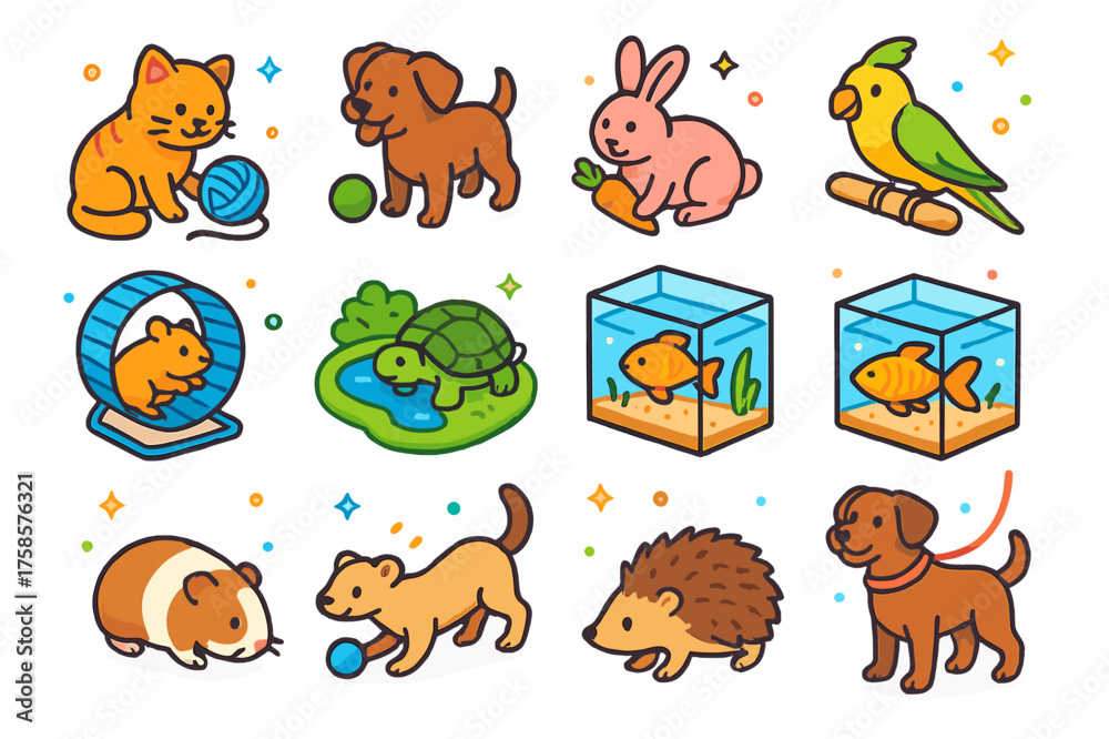 Obraz premium Colorful Pet Interaction Icons. Pet interaction. Colorful isometric vector icons set of pet interaction: cat with yarn, dog with ball, rabbit with carrot, bird