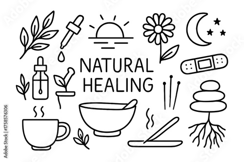 Natural Healing Symbols. Natural healing. Hand-drawn doodle illustration natural healing herbal leaves, mortar and pestle, essential oil dropper, flower,