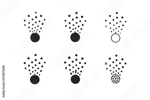 Science Particle Logos. Light particles bursting from a source. Set Logo of Science: particles scattering icon. harmonious logo variations of the