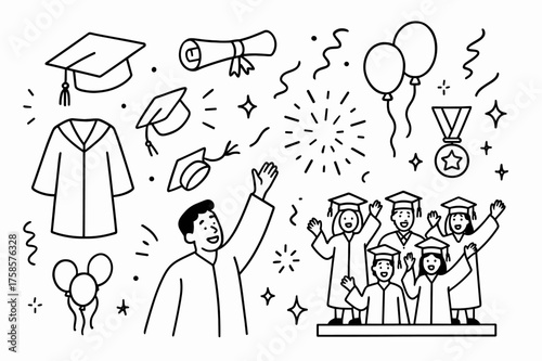 Graduation Celebration Doodles. Graduation celebration. Hand-drawn doodle illustration celebrating a graduation with a cap toss mortarboard hat, diploma tied