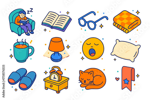 Cozy Reading Moments. Falling asleep reading. Colorful isometric vector icons set of a person falling asleep with a book in their hands: cozy armchair, open