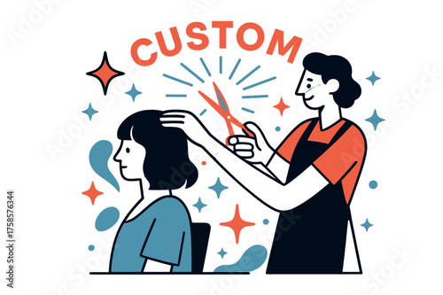 Glowing Scissors Styling. Creative styling. A hairstylist character adjusting a wig with glowing scissors, while abstract stars and sparks float around. Text
