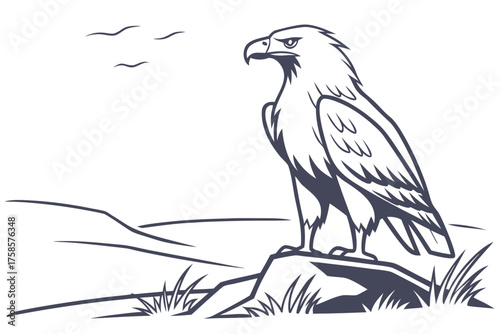Eagle Perched on Bare Branch with Mountains Vector Illustration - Monochrome Graphic