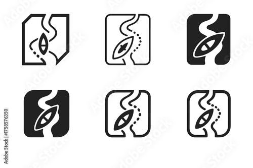 Canoeing Logo Designs. Canoeing. Set Logo of Canoeing: River route map with canoe marker and dotted trail. harmonious logo variations of the same emblematic