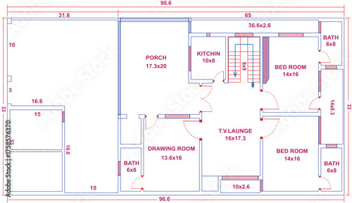 Architectural house blueprint design vector showing porch, kitchen, bedrooms, baths, drawing room, TV lounge and complete floor measurements,96.6x33 