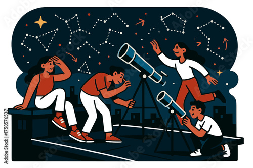 Neon Roof Stargazing. Night rooftop view. People stargazing from a flat roof, telescopes glowing with soft neon highlights. Floating constellation icons light