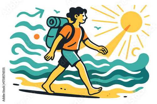 Solo Beach Journey. Solo beach escape. Glowing traveler walking along the shoreline, abstract floating waves and sun rays emphasizing tranquility, freedom, and