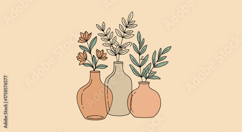 Aesthetic illustration of three ceramic vases with simple floral arrangements.