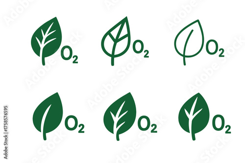 Photosynthesis Logo Variations. Breathing and oxygen. Set Logo of Breathing and oxygen: Leaf illustrating photosynthesis releasing O?. harmonious