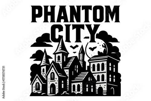 Phantom City Poster. Phantom City ? Bold Block Lettering, stacked uppercase with chunky geometric serifs, heavy outline and flat 3D shading, poster-style
