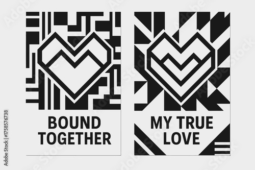 Geometric Heart Banners. Geometry. Two vertical A6 banners, geometric, black and white backgrounds, overlapping angular hearts forming a stylized heart, first
