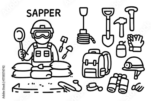 Sapper Equipment Doodle. Sapper. Hand-drawn doodle illustration sapper soldier figure, protective goggles, trench, sandbags, spade, axe, hammer, rope ladder,