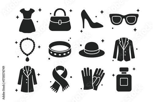 Chic Fashion Icons. High-End Fashion. Solid icons set of High-End Fashion: Designer Dress, Handbag, Stiletto, Sunglasses, Necklace, Bracelet, Hat, Suit, Coat,
