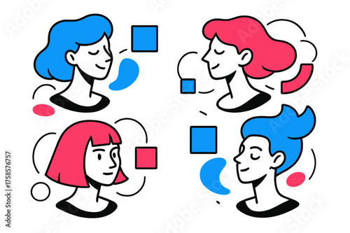 Colorful Wig Mannequins. Color palette wigs. Floating mannequin heads each wearing wigs in bold, abstract hair colors. Geometric swatches hover beside them