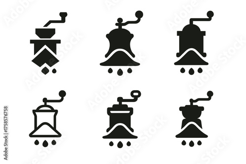 Coffee Ritual Logos. Morning coffee ritual. Set Logo of Morning coffee ritual: Vintage hand grinder and grounds. harmonious logo variations of the same
