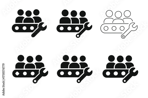 Six Industry Team Logos. Managing project teams in different industries. Set Logo of Managing project teams in different industries: Manufacturing production