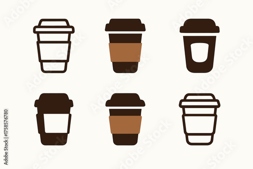 Morning Coffee Logos. Morning coffee ritual. Set Logo of Morning coffee ritual: Takeaway cup with protective sleeve. harmonious logo variations of the same