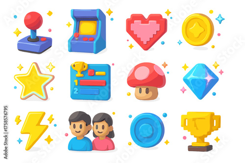 Arcade Icons Collection. Arcade co-op. 3D icons set of arcade co-op: retro joystick, arcade machine, pixel heart, glowing coin, neon star, leaderboard,