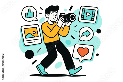 Creative Content Path. Content creator path. A person holding a camera while glowing posts and reels float around. Speech bubbles with likes and shares