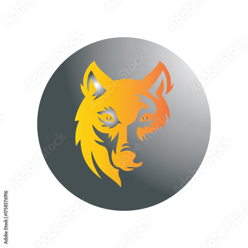 A dynamic graphic illustration of a wolf's head, rendered with a vibrant orange and yellow gradient, symbolizing wilderness, strength, and an untamed spirit within a circular frame