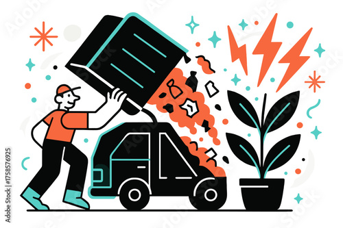 Electric Waste Transformation. Trash to light. A glowing garbage truck unloading waste into a plant that transforms into lightning bolts, abstract sparkles