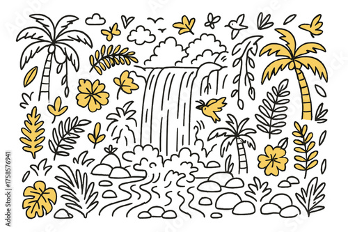 Tropical Waterfall Scene. Tropical Waterfall. Hand-drawn doodle illustration tropical waterfall waterfall (accented), lush trees, ferns (accented), vines,