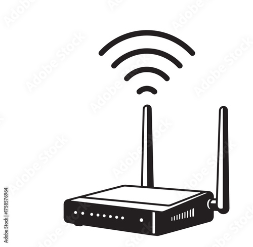 Black and white vector illustration of a wireless router with signal waves