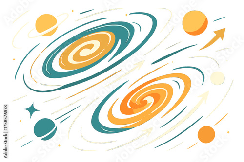 Galaxies in Motion. Galaxies in motion. Glowing spiraling galaxies with abstract floating lines, light streaks and orbiting planets emphasizing rotation and