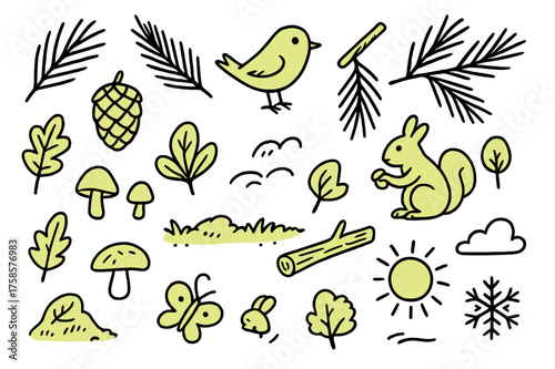 Forest Doodle Icons. Pine Needles. Hand-drawn doodle illustration pine needles pine needles (accented), pine cone, branch (accented), forest floor, bird,