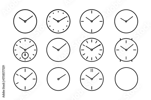 Minimalist Watch Icons. Minimalist watch faces. Line icon set of Minimalist watch faces: clean dial, dot markers, stick hands, thin case, single hand, small