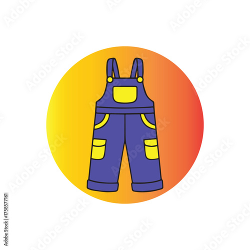 Vibrant blue children's overalls vector illustration, featuring bright yellow straps and pockets on a warm gradient background