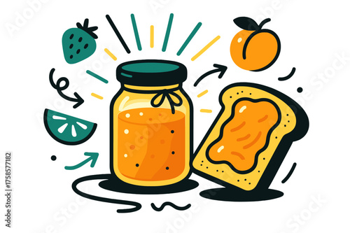 Glowing Jam Breakfast. Jam breakfast. Glowing jar of jam with toast and abstract floating fruit icons, light beams emphasizing morning freshness and sweetness.