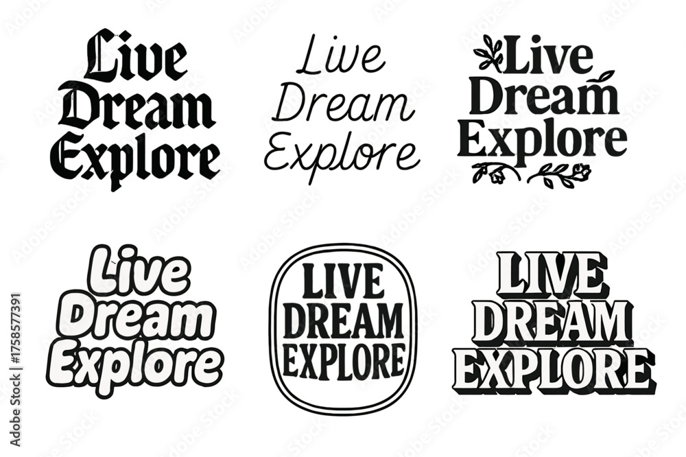 Fototapeta premium Diverse Lettering Styles. Live dream explore. Set lettering. harmonious lettering variations of the same emblematic concept (Gothic-inspired decorative type,