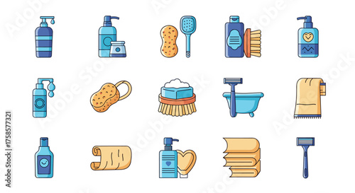 Various bathroom hygiene and personal care items are depicted.