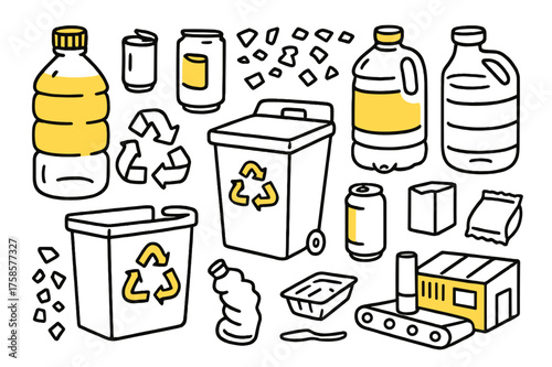 Recycling Doodle Icons. Plastic and metal recycling. Hand-drawn doodle illustration plastic bottle accented, aluminum can accented, recycling bin, shredded