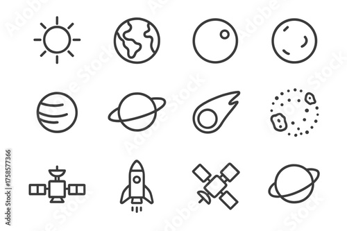 Solar System Icons. Solar system. Line icon set of Solar system: Sun, Earth, Moon, Mars, Jupiter, Saturn rings, comet, asteroid belt, space probe, rocket,