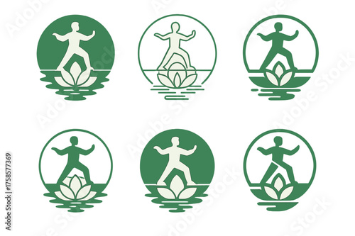 Tai Chi Logos. A person practicing tai chi in a serene park, surrounded by greenery. Set Logo of A person practicing tai chi in a serene park, surrounded by