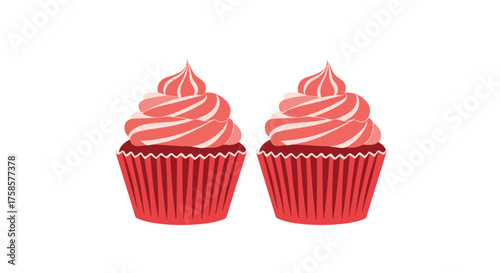 Two sweet strawberry frosted cupcakes on a white background.