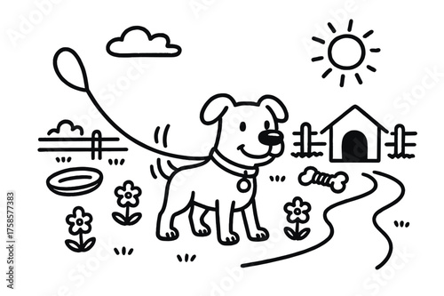 Cartoon Dog Park Scene. Dog on a Leash. Hand-drawn doodle illustration dog on a leash puppy, adult dog, collar tag, leash handle, wagging tail, dog house, chew