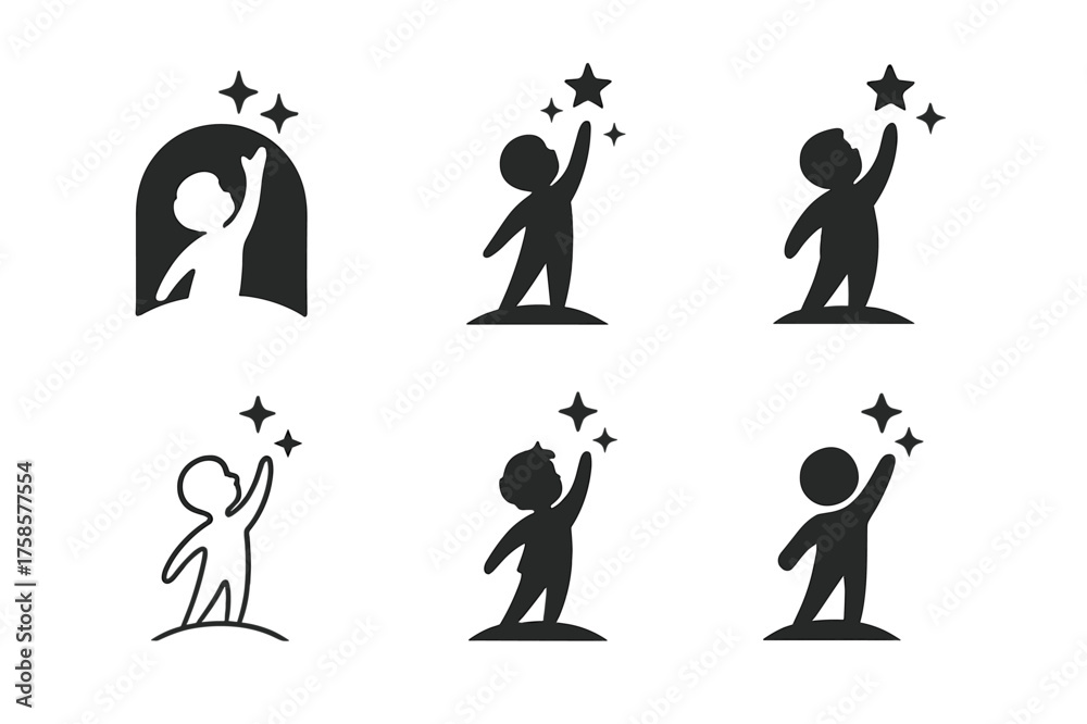 Obraz premium Child Reaching Stars. Child's wonder. Set Logo of Emotion: child reaching for stars icon. harmonious logo variations of the same emblematic concept, each with