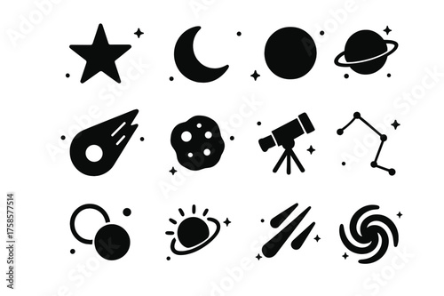 Astronomy Icon Grid. astronomy symbols. Solid icons set of astronomy symbols: star, crescent moon, full moon, planet, comet, asteroid, telescope, constellation
