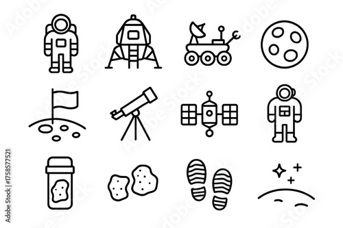 Moon Exploration Icons. Moon exploration. Line icon set of Moon exploration: astronaut, lunar module, rover, craters, lunar flag, telescope, satellite, space