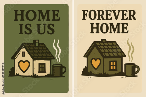 Retro Cozy Home Banners. Home. Two vertical A6 banners, retro, olive green and cream backgrounds, cozy house with a glowing heart window and steam from a mug,