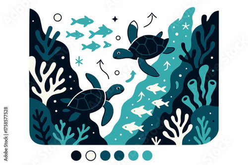 Vibrant Underwater Realm. Coral canyon. A deep reef trench filled with glowing fish, sea turtles diving gracefully between colorful coral walls. Floating